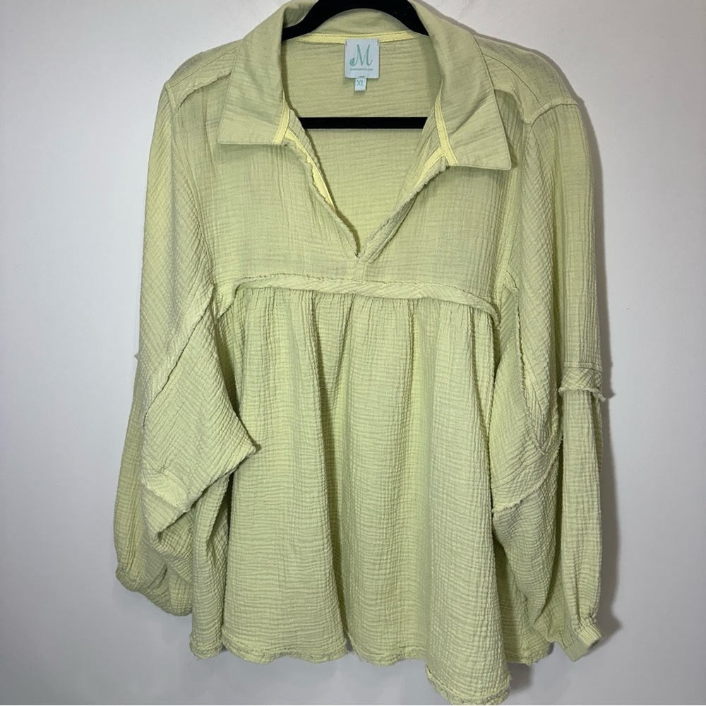 Oversized Muslin Blouse Chartreuse XL Gauzy Lagenlook Top